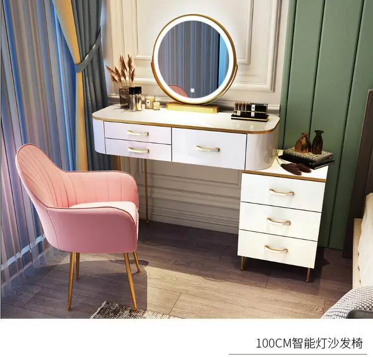 

Nordic dressing table bedroom modern simple net red make-up table with lamp retractable storage cabinet integration