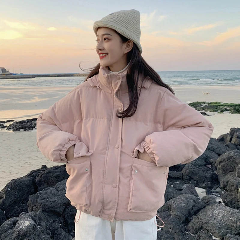 

Пуховик женский однобортный из хлопка, свободная повседневная короткая верхняя одежда в Корейском стиле, однотонная зимняя одежда на молни...