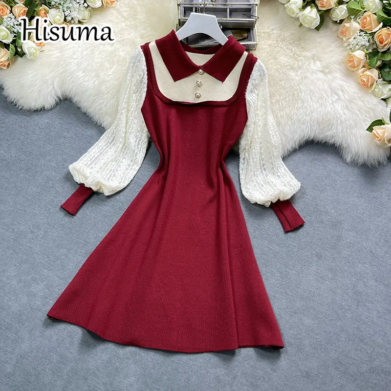 

Новинка Зима 2021, женское платье-трапеция с отложным воротником и рукавами-фонариками, вязаное с кружевом, женские шикарные платья-свитеры с ...