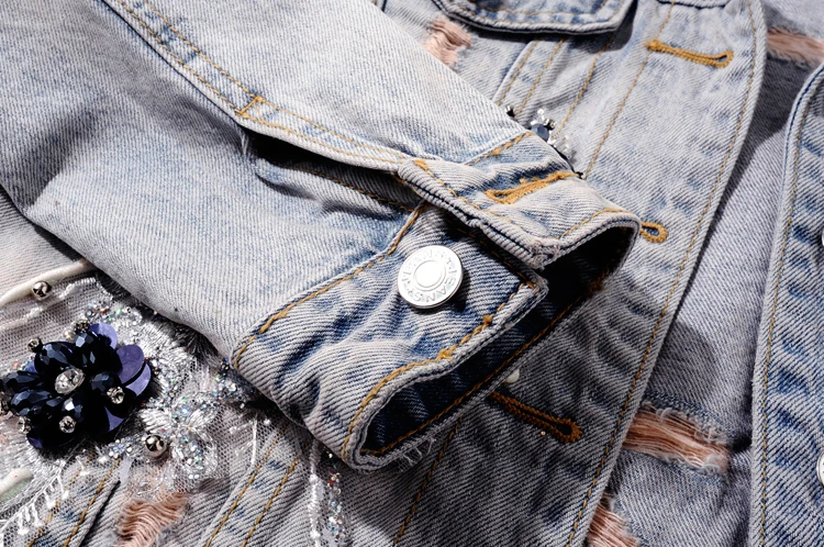 

High-End Beads Rhinestones Flower Denim Jacket Women's 2021 Spring/Autumn Long-Sleeved Frayed Coat Fashion Retro Streetwear Top