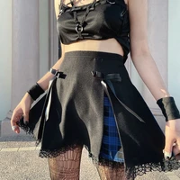 2021 retro women short skirt gothic darkness lace edge patchwork high waist solid color autumn a line black skirt for women