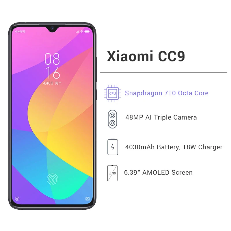 Xiaomi Mi CC9 смартфон с 5 дюймовым дисплеем процессором Snapdragon 710 ОЗУ 6 ГБ ПЗУ 64 48 Мп + 32
