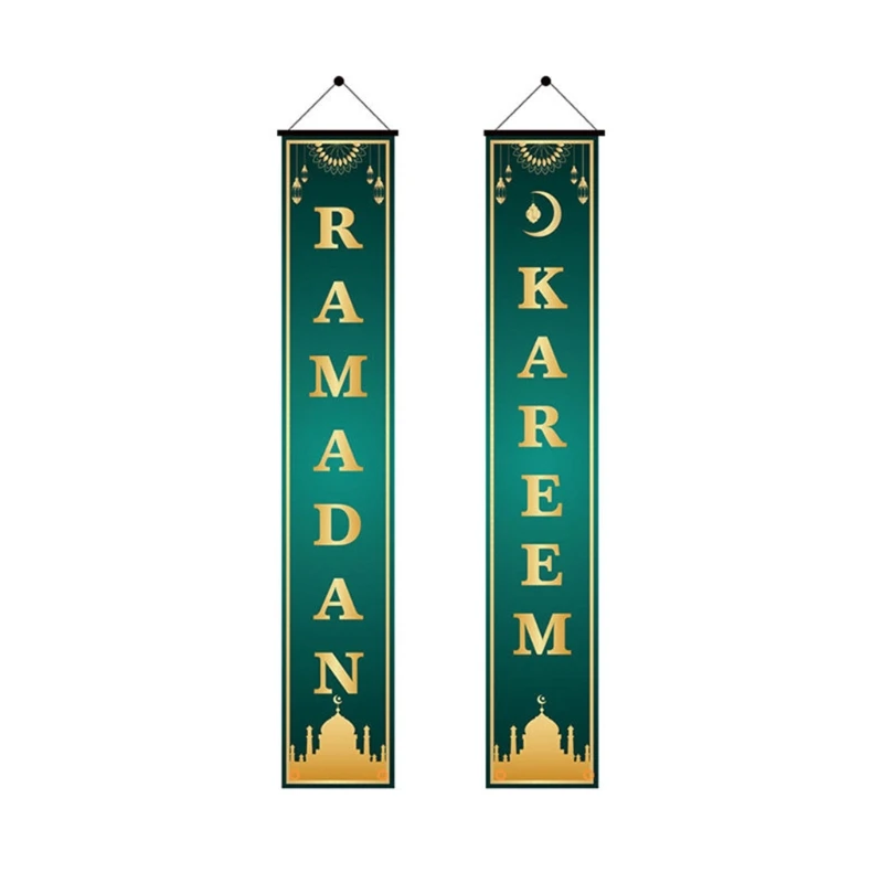 

2Pcs Eid Mubarak Porch Banner Ramadan Kareem Front Door Flag Hanging Sign Decor