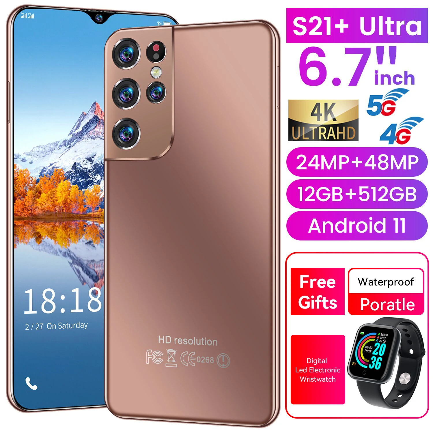 

S21+ Ultra Global Version 6.7" Smartphone 6500mAh Rear Five Camera 50MP Cellphone 12GB+512GB Android11 Phone 4G 5G LTE
