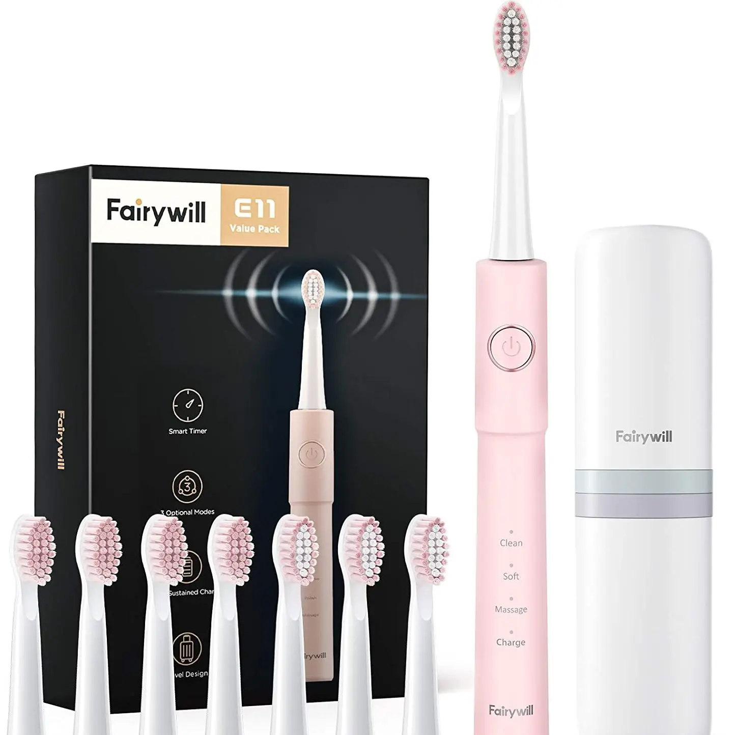 Fairywill Sonic Electric Toothbrush E11-Pink USB Rechargeable Powerful for Adult Efficient Cleaning 5 Modes 8 Brushes
