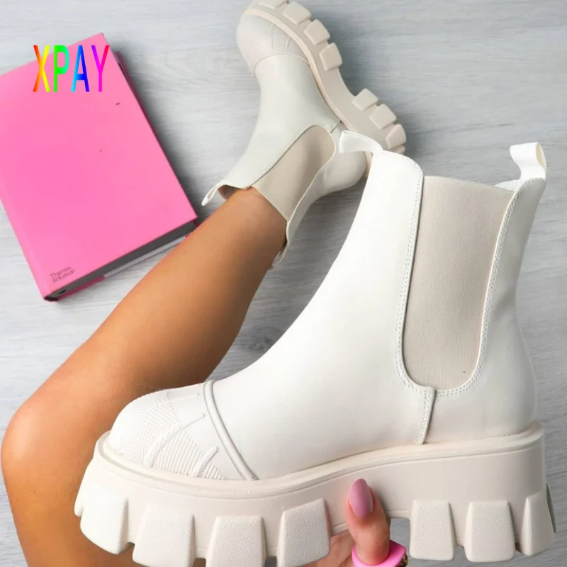 

Fashion Winter Ladies Shoes Thick Bottom Ladies Boots Thick Waterproof Chelsea Boots Thick Bottom Women Heels Beige Botas Mujer