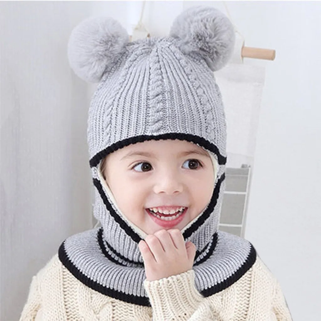 Baby Hat Scarf One-pieces Boys Girl Pompon Hats for Kids Winter Warm Knit Crochet Beanie Cap Children Caps 2-5Y | Детская одежда и