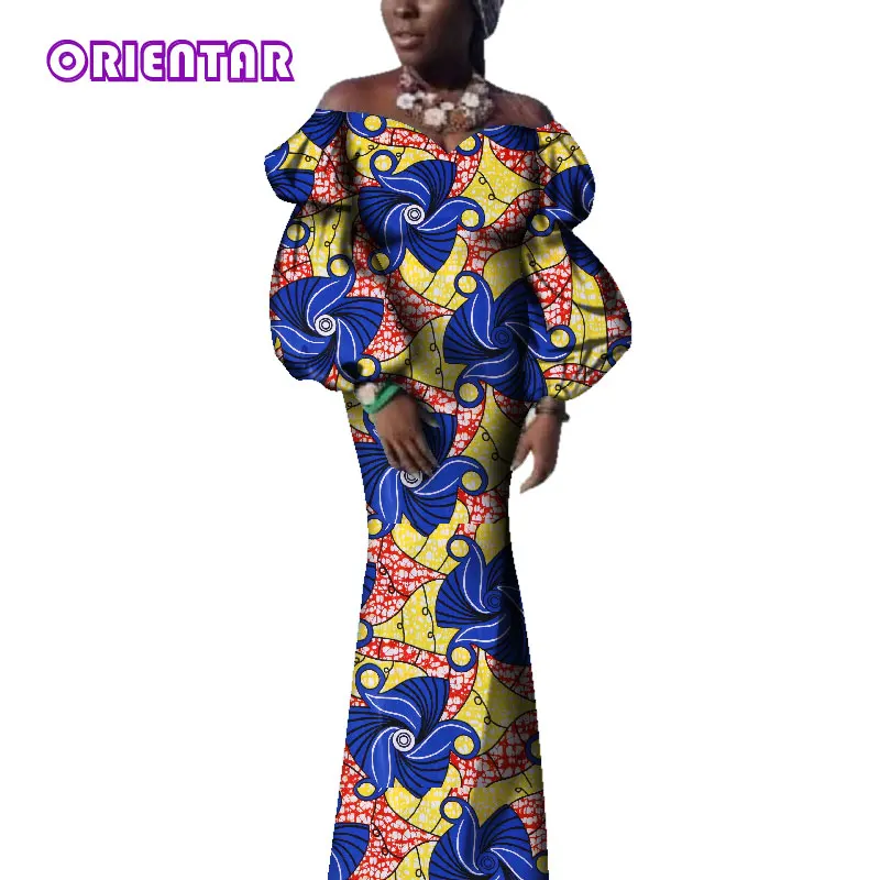 Bazin Riche African Dresses for Women Off Shoulder Puff Sleeve Ankara Dress African Wax Print Long Party Evening Dress WY3715