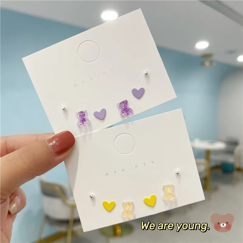 3 Pairs/Set Dreamy Cartoon Animal Purple Yellow Bear Love Heart Stud Earrings Set Lovely Girlish Style Fashion Jewelry Gifts | Украшения и
