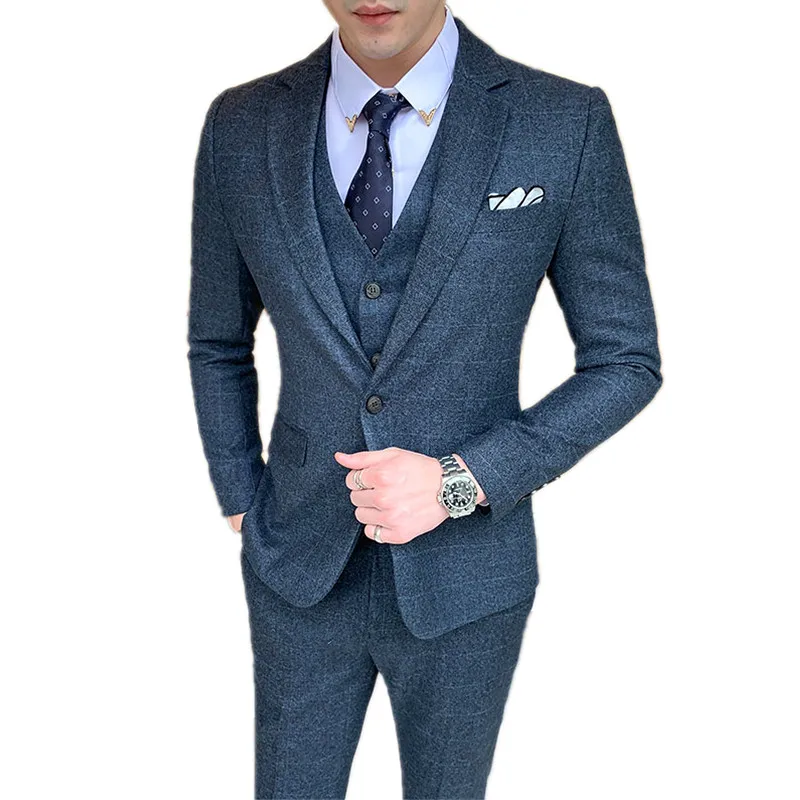 Комплект из 3 предметов в синюю клетку для мужчин (пиджак + брюки жилет) свадебной