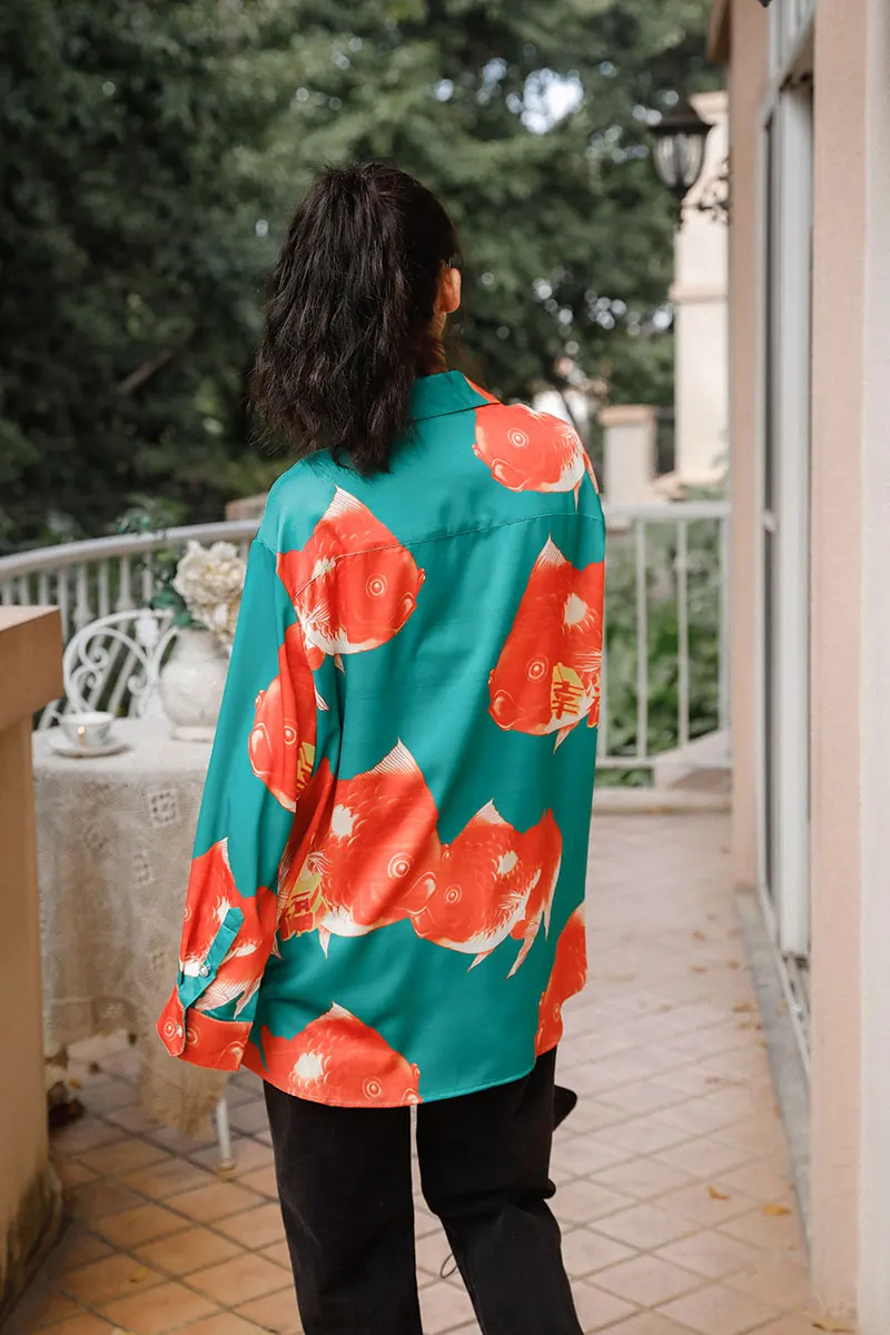 

shirts for women plus size Retro printed New Lapel Long Sleeve Loose Fit Fashion Tide Spring 2021 C15-C