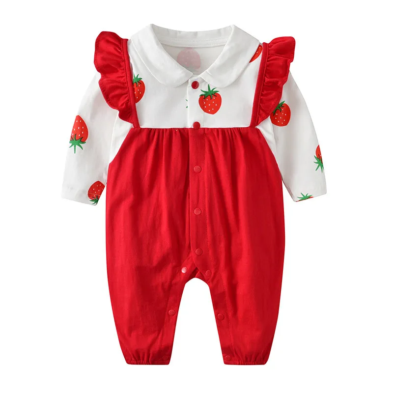 

Korean Newborn Rompers Baby Girls Strawberry Jumpsuit with Hat Spring Autumn Toddler Girl Cotton Long Sleeve Lace Romper