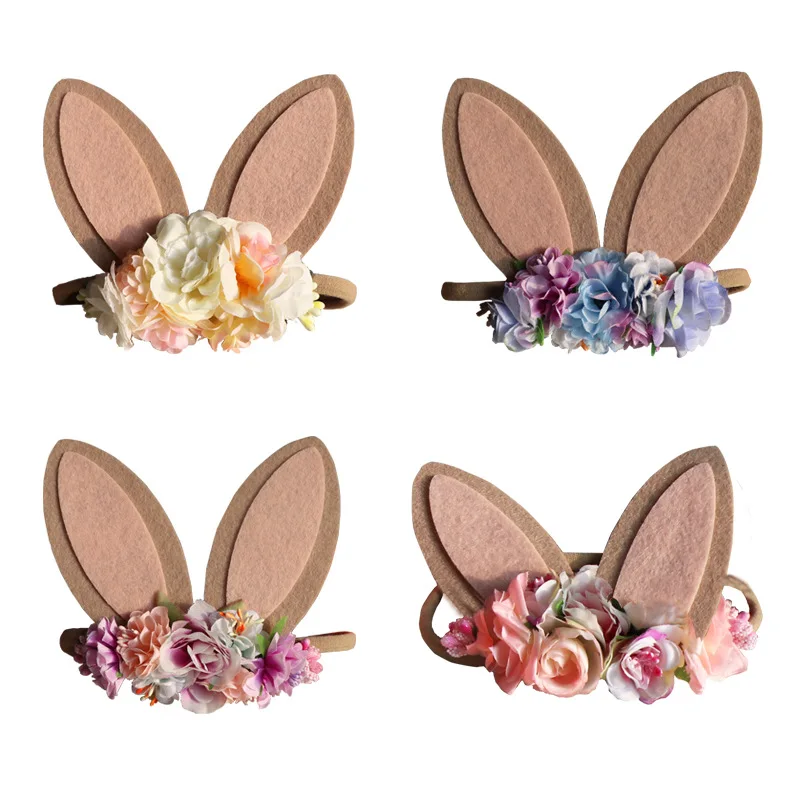 

Miss cute Fashion Rabbit Ear Flower Crown Headband Newborn Baby Elastic Princess Hairbands Kids Fresh Style Cute Headwear Gifts
