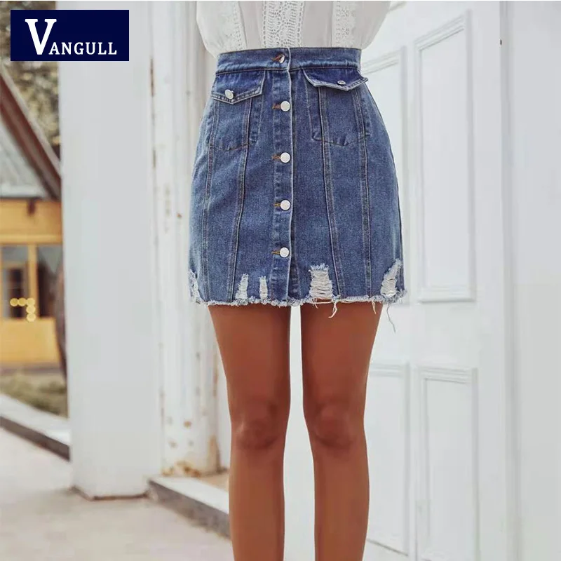 

Vangull Casual High Waist A-line Tight Single-breasted Show Up Skirt Placket Pocket Skirt Blue 2021 Summer New Denim Women Skirt
