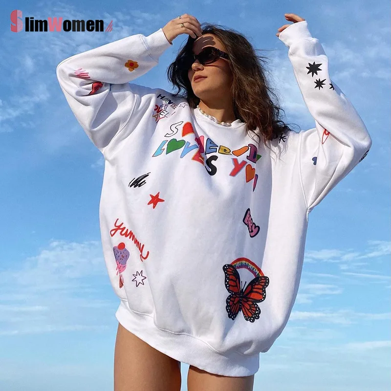 Свитшот женский оверсайз с длинным рукавом свободный белый Повседневный милый