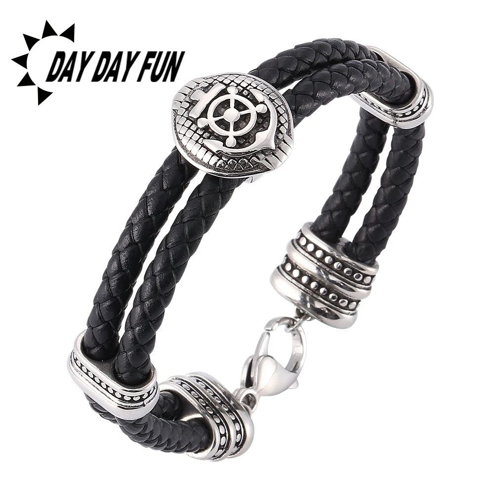 Винтаж Нержавеющая сталь Руль щит черный плетеный двухслойная кожа браслеты