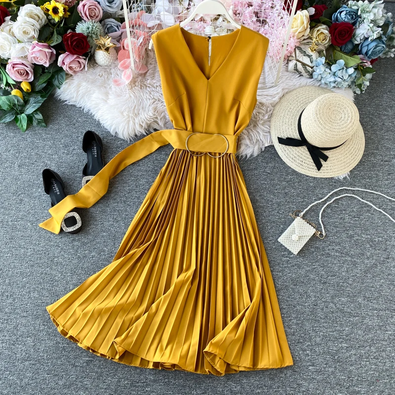 Женское плиссированное платье Amolapha Повседневное без рукавов с v образным вырезом