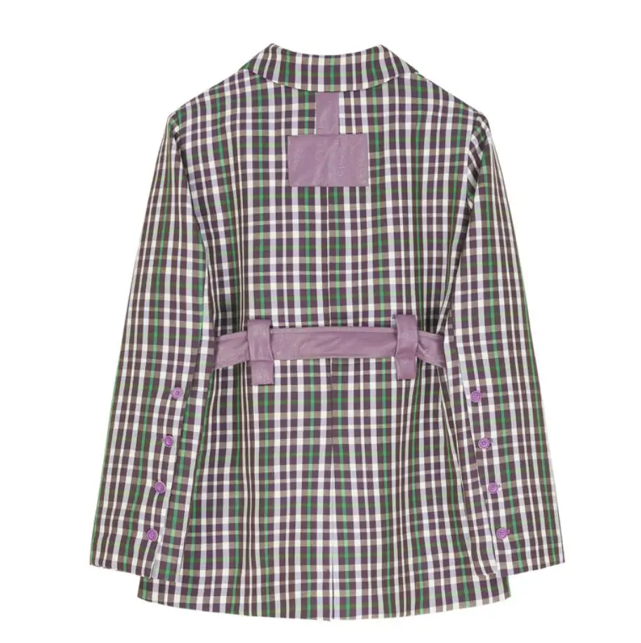 

New autumn fashion hit color plaid stitching pu blazer women loose blazer with belt r1461
