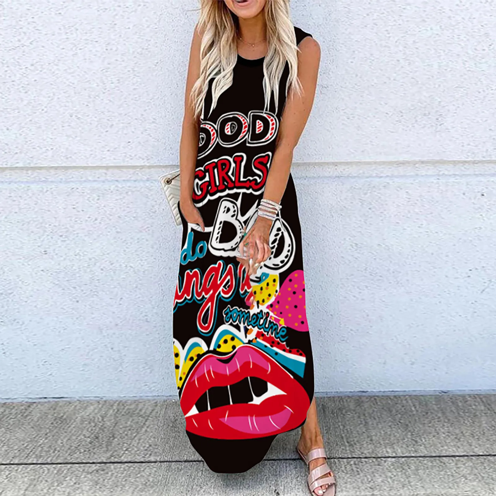 

2021 Summer Women's Dress Sexy Digital Printed Long Skirt O-neck Loose Sleeveless Vest Dress Fashion Ladies Платье Женщины