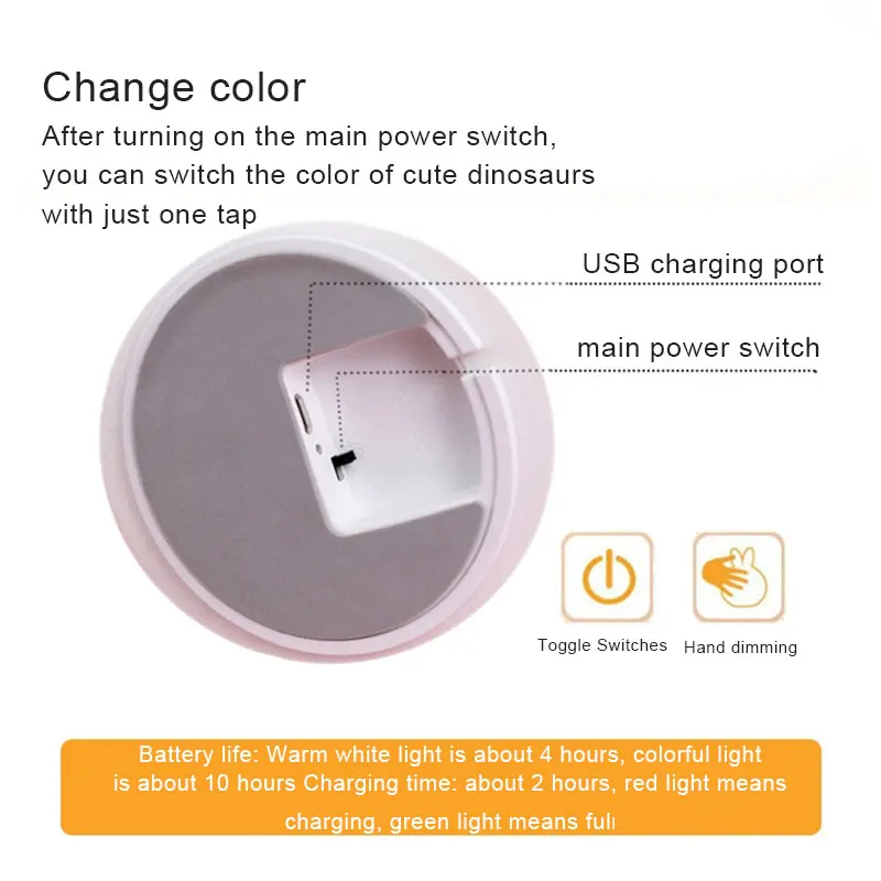 

Cartoon Dinosaur LED Lamp Silicone Bedside Reading Lamp Tap to Change Light Color USB Rechargeable Promotion
