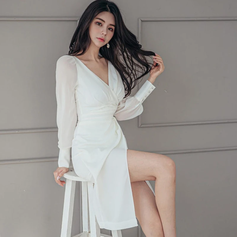 

new arrival fashion korean spring midi beach dress women temperament chiffon perspective sexy v-neck holiday asymmetrical dress