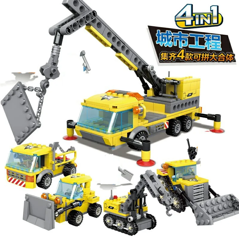 

4Pcs/lot City Engineering Heavy Crane Transporter Bulldozer Excavator Model Bricks Building Blocks Educational Toys for Children