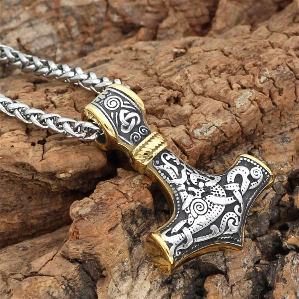

Men's Stainless Steel Gold Silver Norse Viking Thor Hammer Pendant Necklace