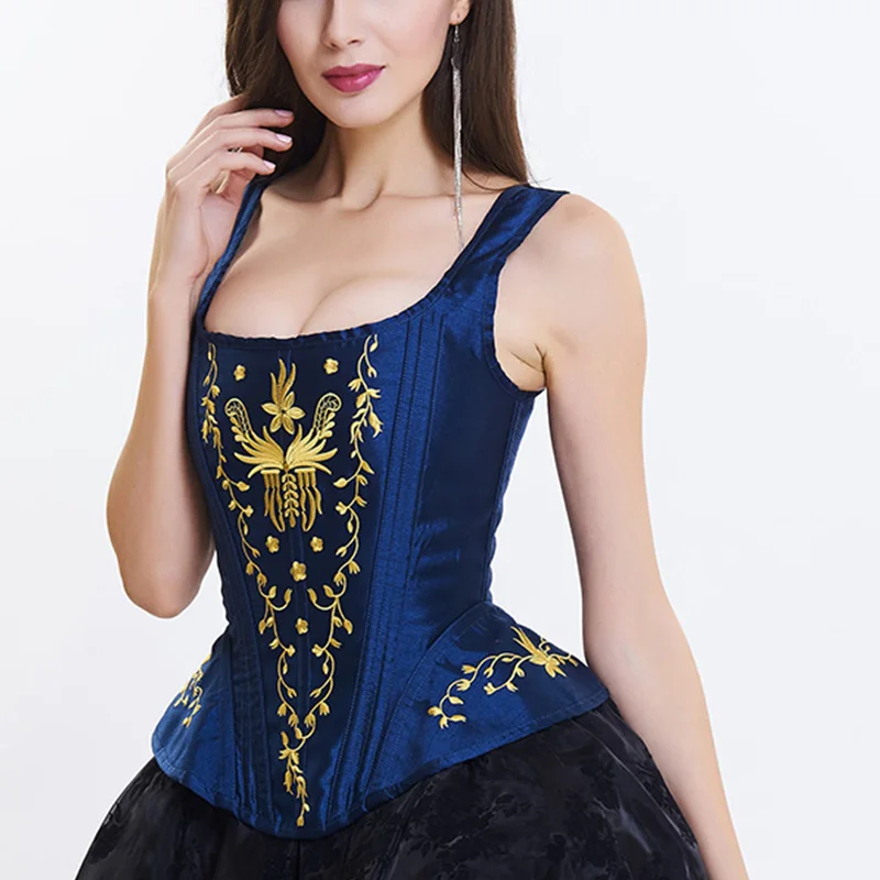 

Overbust Sexy Bustier 10 Steel Boned Slimming Bodice Embroidery Strap Design Corset To Wear Out With Zipper Corselet Tops Women