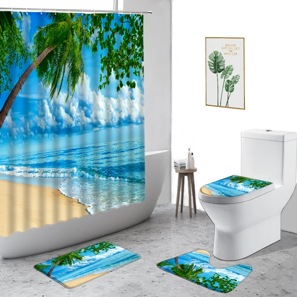 Занавеска для душа с изображением заката лета пляжа пальмы досок дороги