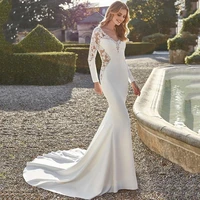 elegant sexy mermaid wedding gowns 2021 v neck long sleeve lace applique sweep train for women soft satin robe de mariage custom
