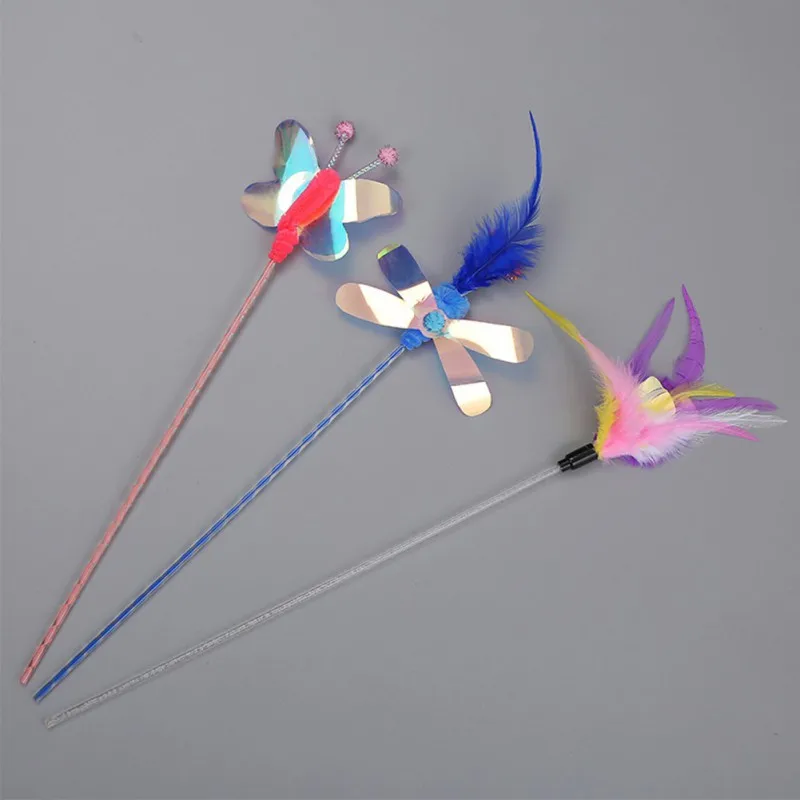 Cat Toys Rod Teaser Wand Feather Pet for Cats Interactive Stick Supplies Colorful Butterfly worm | Дом и сад