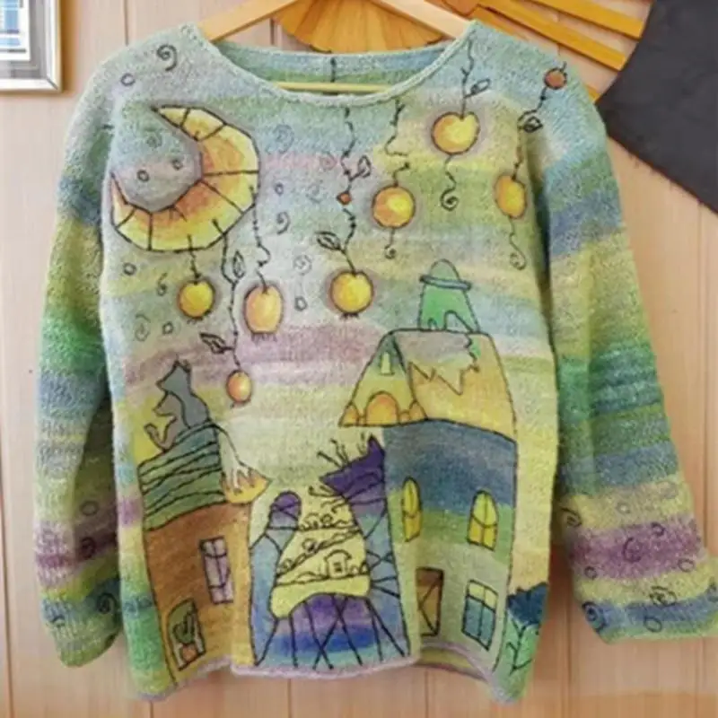 Free Shipping Sweater Women Winter Fashion Outwear Leisure Printed Long Sleeve Hit Color Comfort Loose Female Pullover | Женская одежда