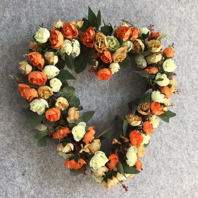 

Vintage Art Simulation Rose Flowers Wreath 36cm Heart Shaped Valentine's Day Garland for Door Home Party Wedding Decor LB88