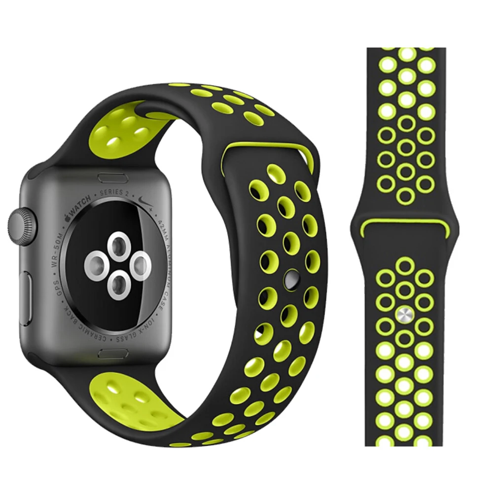 Black with yellow Ремешок для Apple Watch, мягкий силиконовый сменный Браслет серии 5, 4, ремешок для часов 44 мм, 40 мм, iwatch, ремешок серии 1, 2, 3, 38 мм, 42 мм - Цвет ремешка: Black with yellow