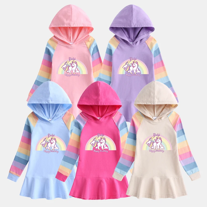 

New Spring and Autumn Cute Cartoon Unicorn Print Hoodie Dress Rainbow Long Sleeve Print Casual Princess Dress