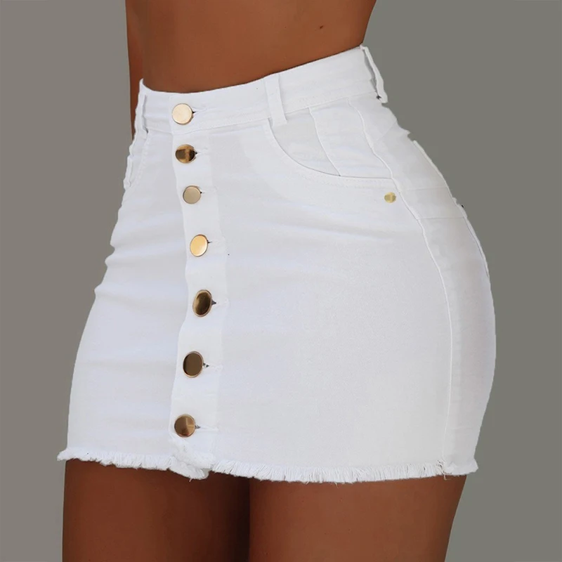 

New 2021 Women Button Denim Jeans Bodycon Mini Skirts Strench High Waist Sexy Club White Black Skirt Summer