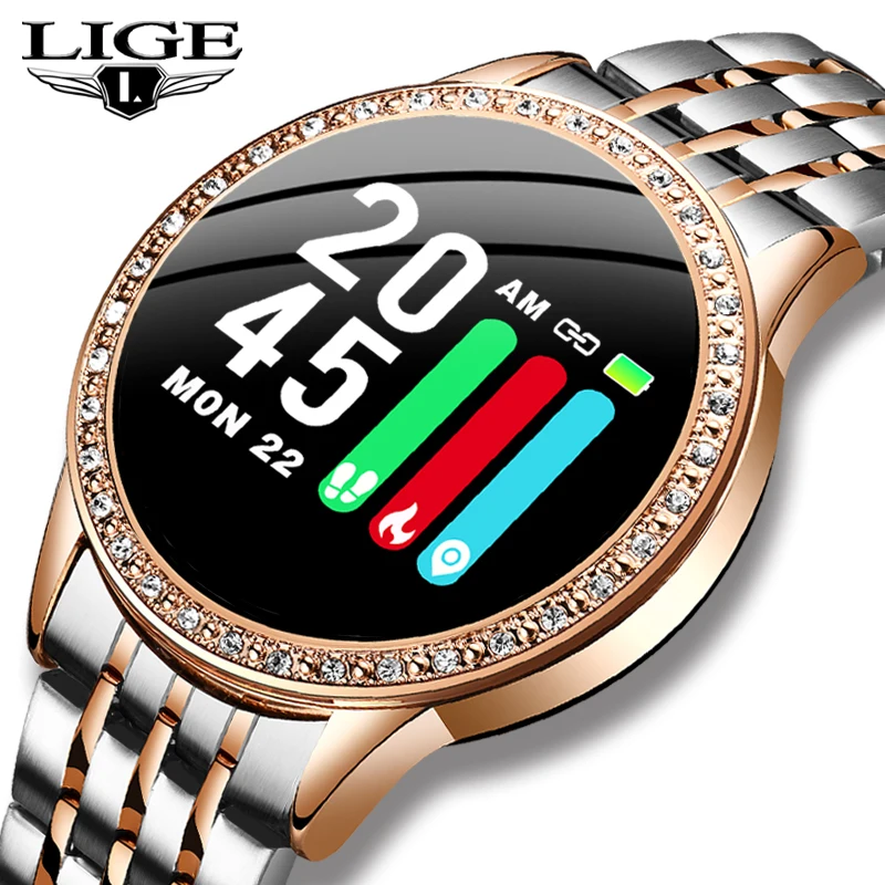 

LIGE New Steel Belt Smart Watch Women Heart Rate Blood Pressure Monitoring Function Sport Multi-Function Mode Fashion Smartwatch