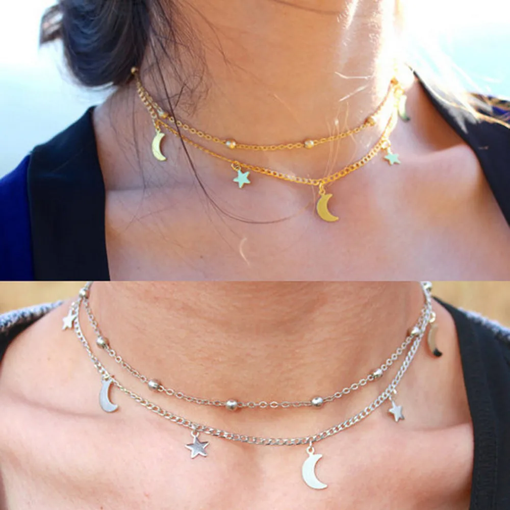 

Double-layer Stainless Steel Pendant Women's Star Moon Golden Silver Beads Double-chain Necklace Women's Jewelry Gift