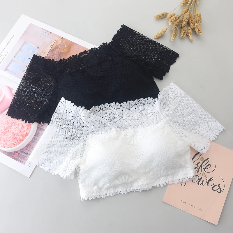 Wommen Sexy Lace Off Shoulder Crop Tops with Bra Pads Short Sleeve Crochet Top Female Cotton T-Shirt | Женская одежда