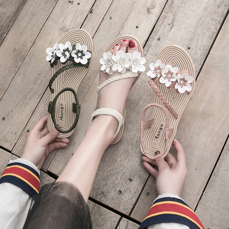 

Clear Heels Flat Sandal Shoe 2021 Summer All-Match Without Fashion Velvet Elastic Band Low Girls Comfort New Basic Flower Slip-