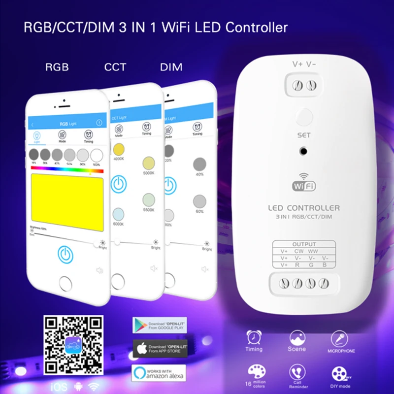 Новый Умный светодиодный светильник 3 в 1 Wifi DIM/RGB/CCT контроллер совместим с Alexa