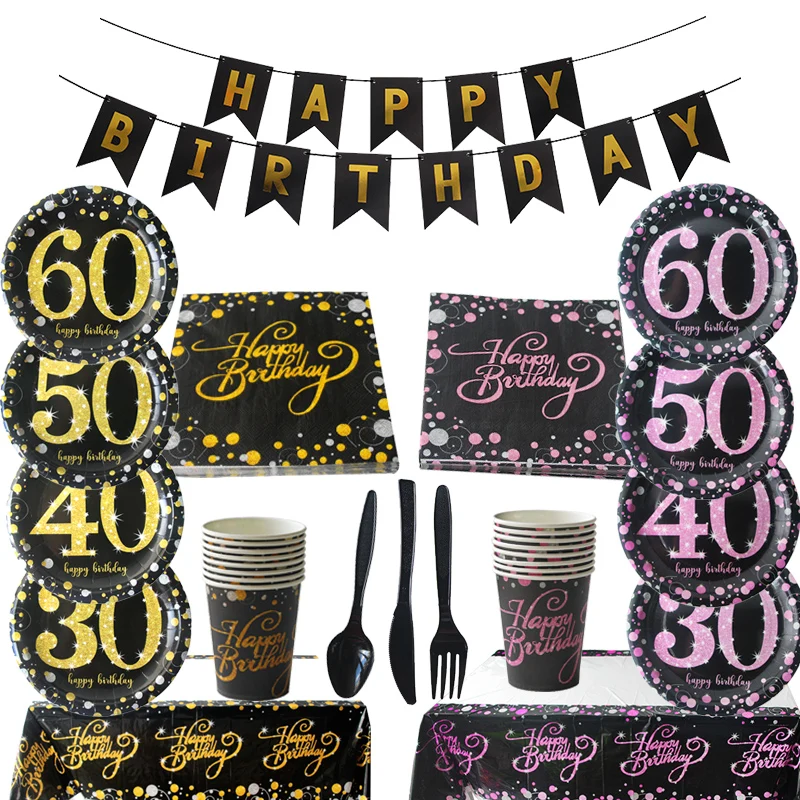 

30 40 50 60 Years Anniversary Disposable Tableware Cup Plates Adult Birthday Party Supplies 30th 40th 50th 60 Bithday Decoration