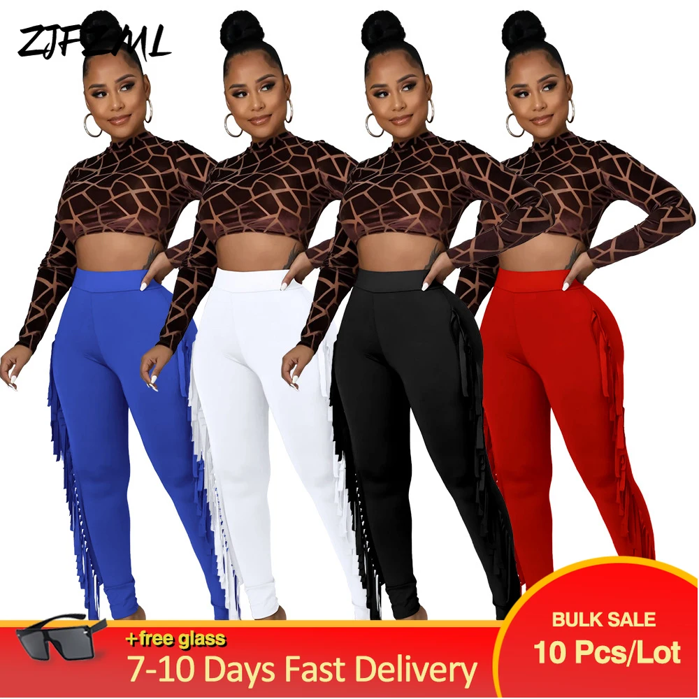 

Bulk Items Wholesale Lots Fashion Casual Solid Color Women's Bodycon Trousers Korean Style High Waist Side Tassels Spliced Pants