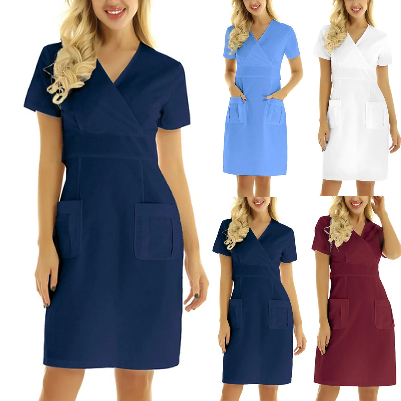 

Solid Color Women Nursing Top T-shirt Care Worker Casual Short Sleeve Uniform Nurse V-neck Pocket Lady Breathable Clothing Dress