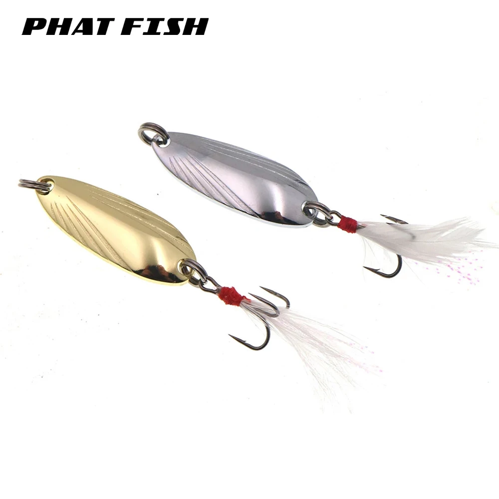 

PHAT FISH 1Pc 2.5g 5g 8g 12g 15g Metal Fishing Lures Gold Silver Artificial Bait With Feather Treble Hook Trout Pike Bass Spoon