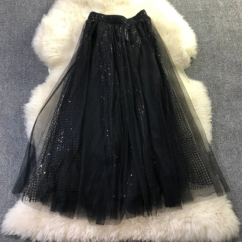 black mesh gauze New skirt of tall waist female show thin half length skirt