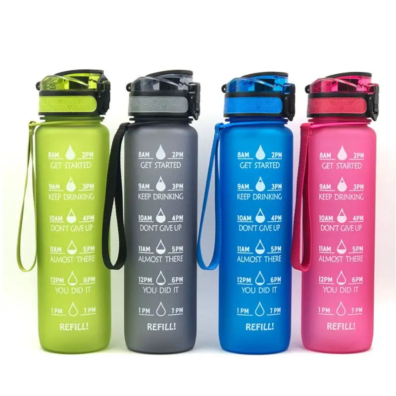 

Large Capacity Sports Water Bottle with Time Marker Plastic Bouncing Cover Outdoor Reusable Leak Proof Drinking Cup