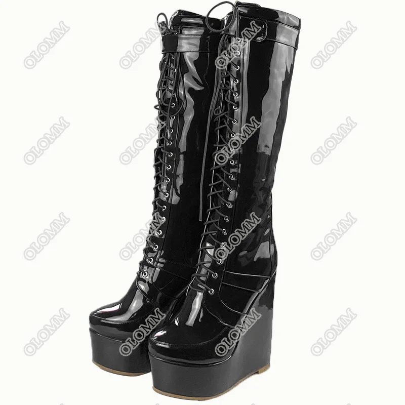 spesifikasi Olomm Buatan Tangan Cincin Lutut Tinggi Sepatu Boot Wedges Sepatu Hak Tinggi Ujung Bulat Merah Cantik Club Memakai Sepatu Wanita Plus Ukuran US 5-20
