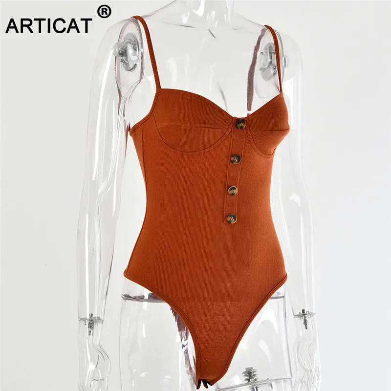 Articat Knitted Spaghetti Strap Sexy Bodysuit Women Tops Backless Buttons Bodycon Rompers Women Jumpsuit Basic Party Overalls