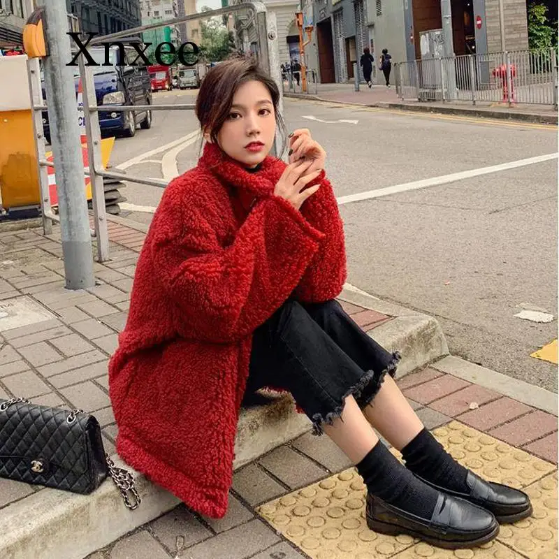 Women Winter Faux Fur Warm Coat Long Sleeve Female Thick Teddy Bear Coat Casual Loose Oversize Red Outwears faux fur coat zipper